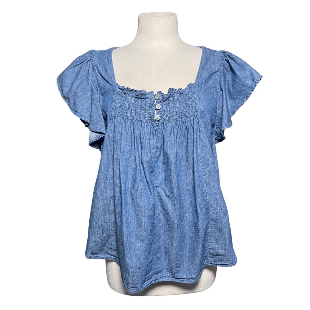 DRAPER JAMES Women’s Ruffle Cap Sleeve Chambray Boho Peasant Top - Picture 2 of 5